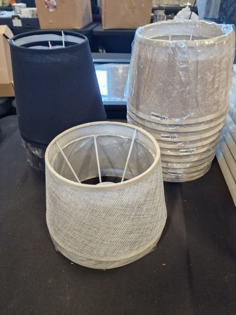 Lot 178: 18 brand new lamp shades. Black, Grey and...