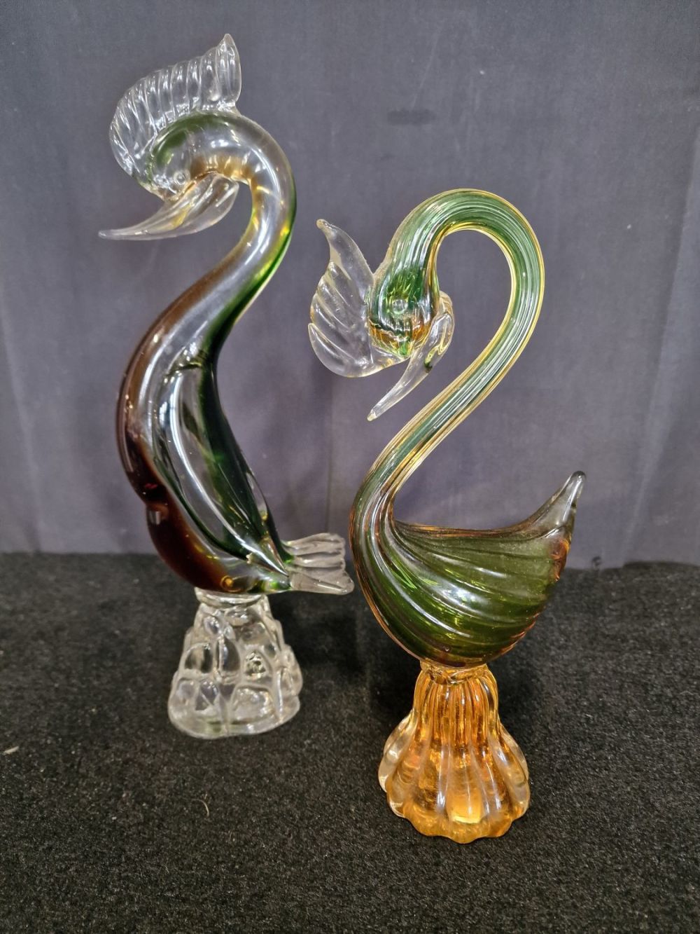Lot 216: Two vintage murano style hand blown glass birds