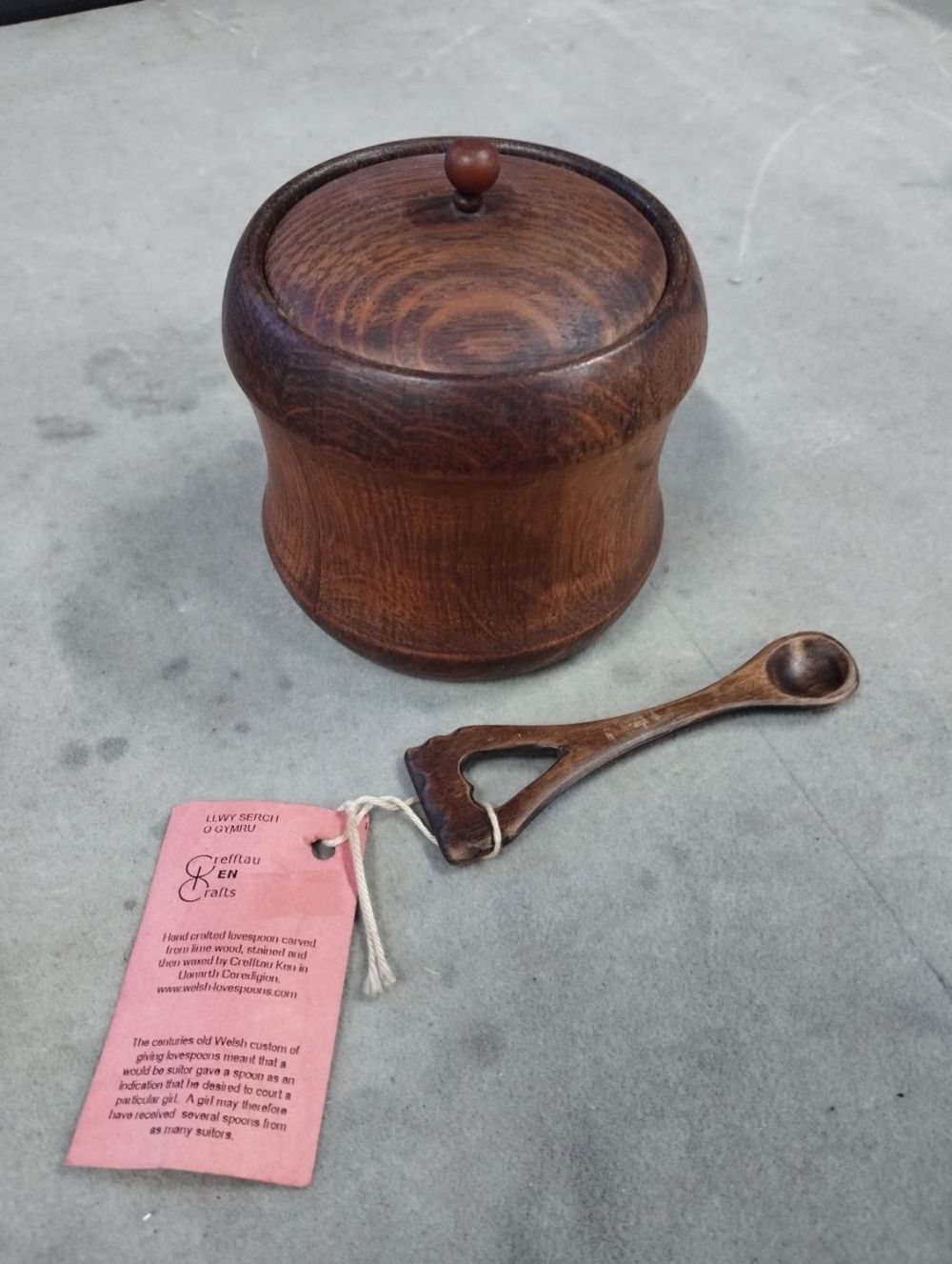 Lot 265: Vintage Welsh Wooden Love Spoon and Pot