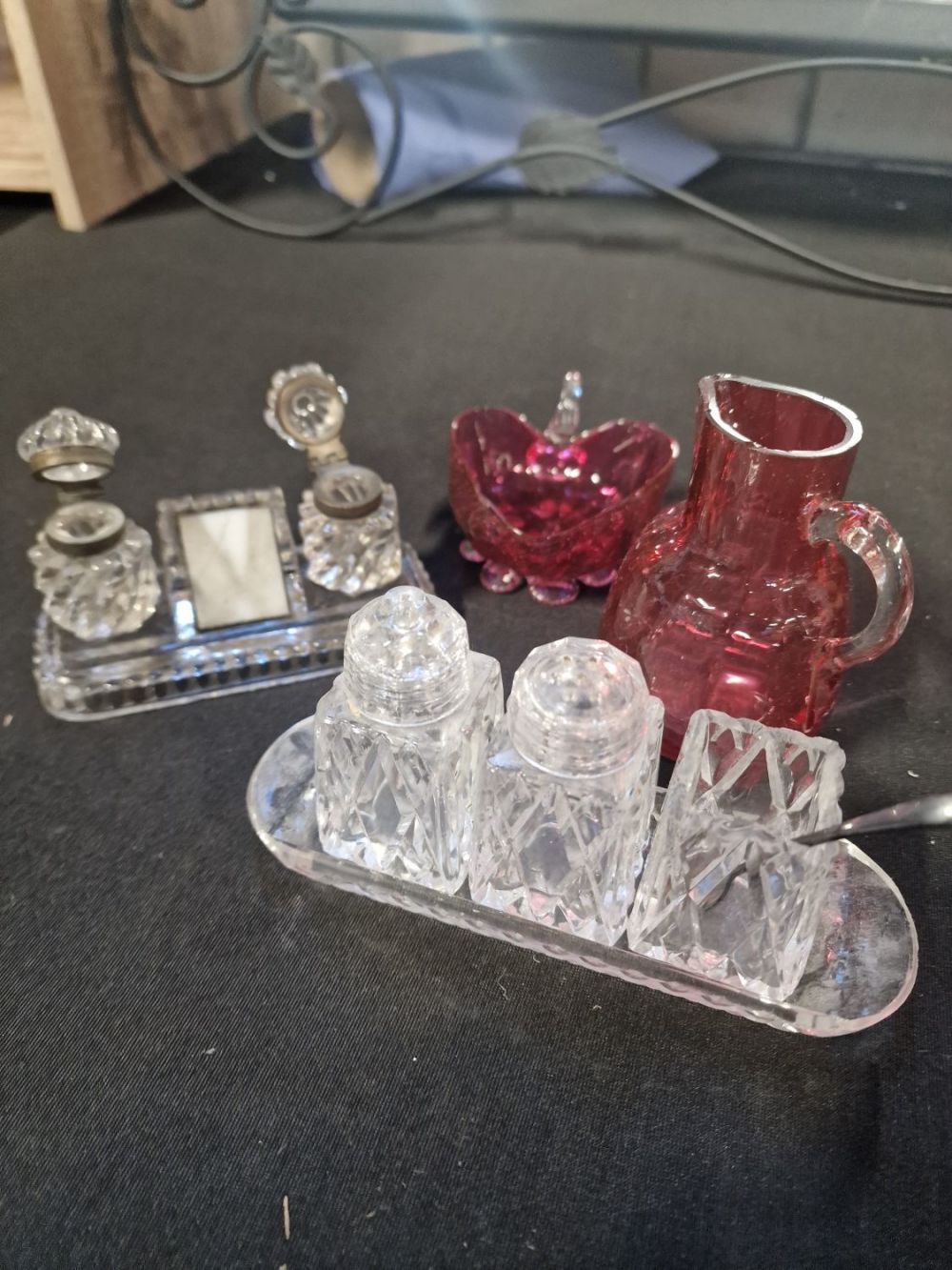 Lot 340: Cranberry glasses decorative peoces, glass salt and pepper...