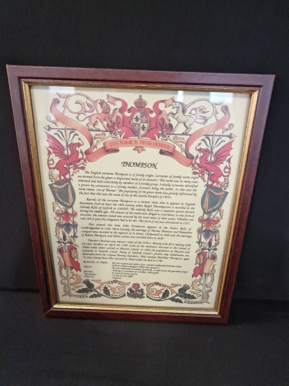 Lot 12: THOMPSON family orgin frame certificate
