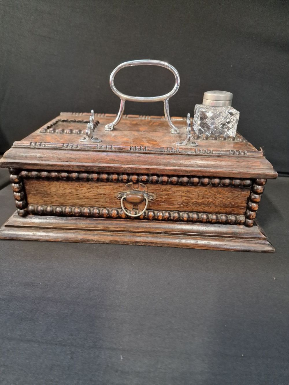 Lot 15: Vintage wooden desk top ink stand.