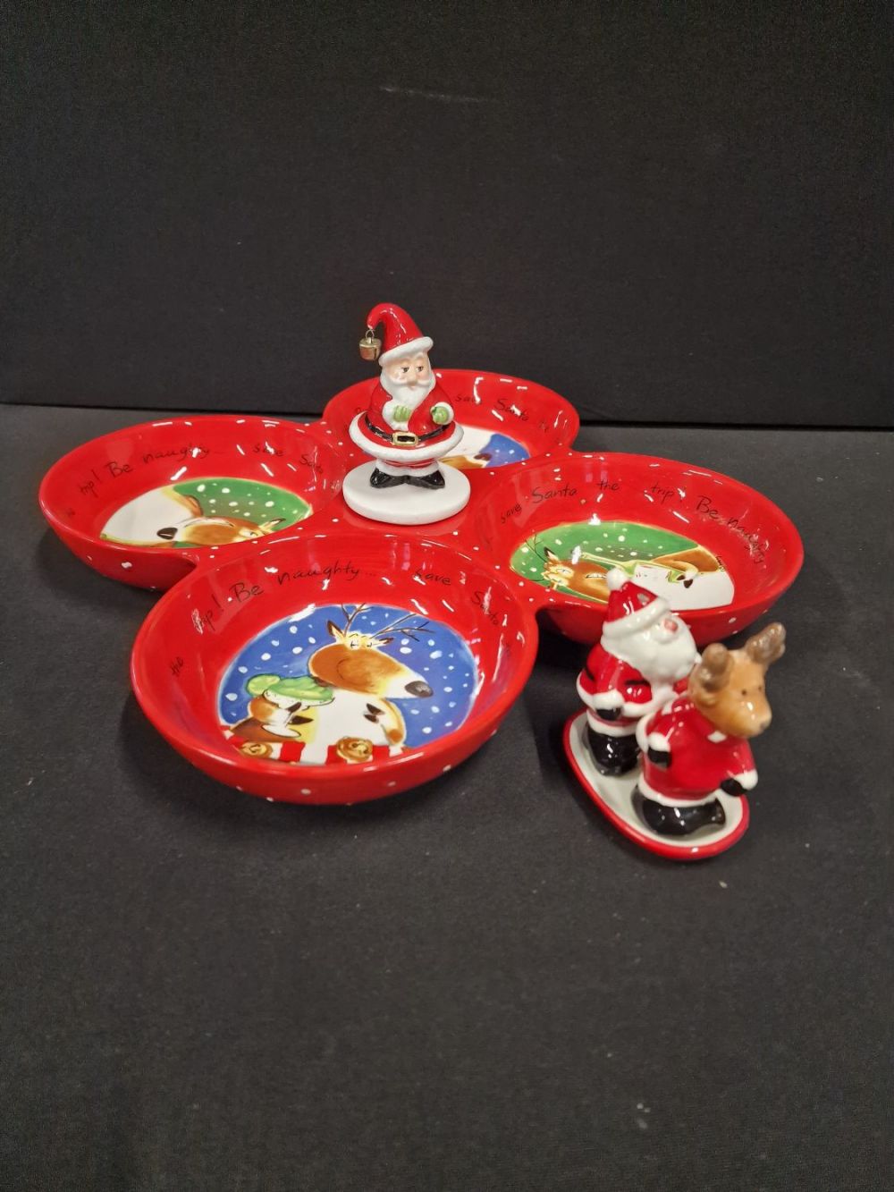 Lot 112: Christmas serving tray with Father Christmas Reindeer salt...