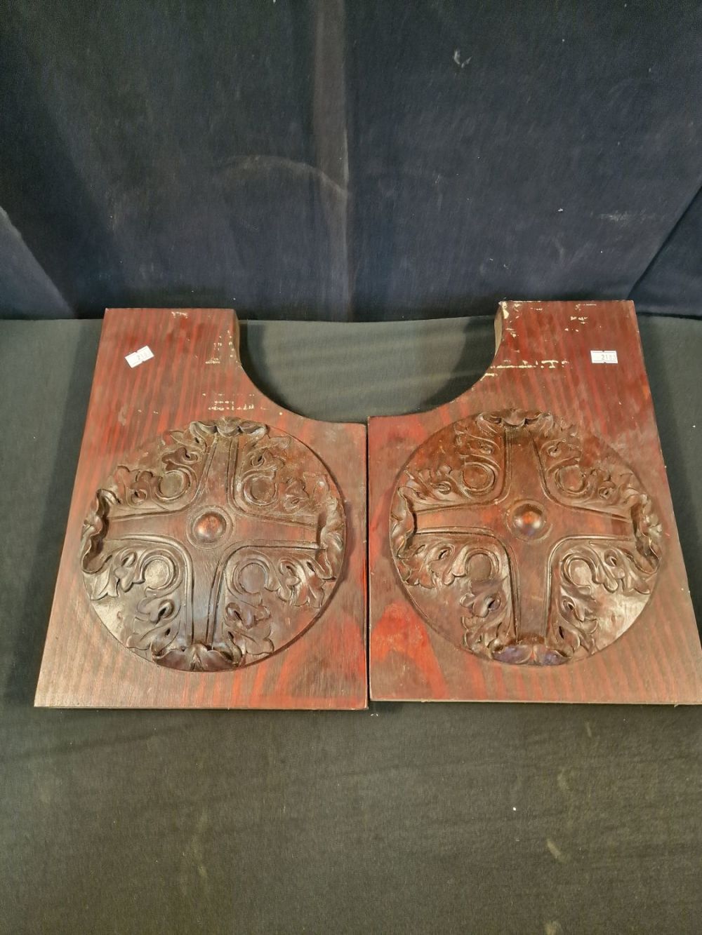 Lot 118: Two hand carved arts and crafts wooden shelf...