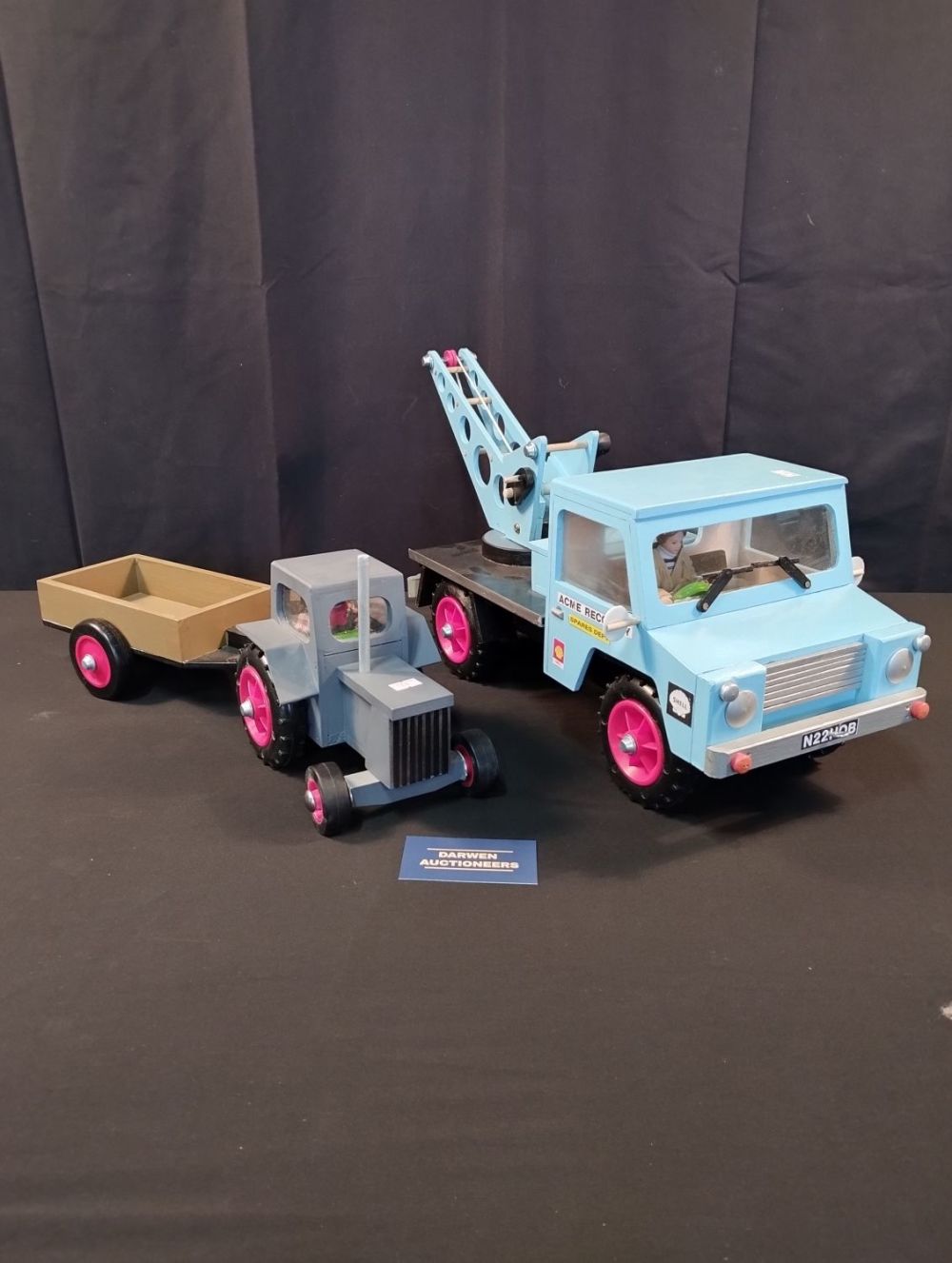 Lot 228: Hand Made Wooden Toy Recovery Truck and Tractor...