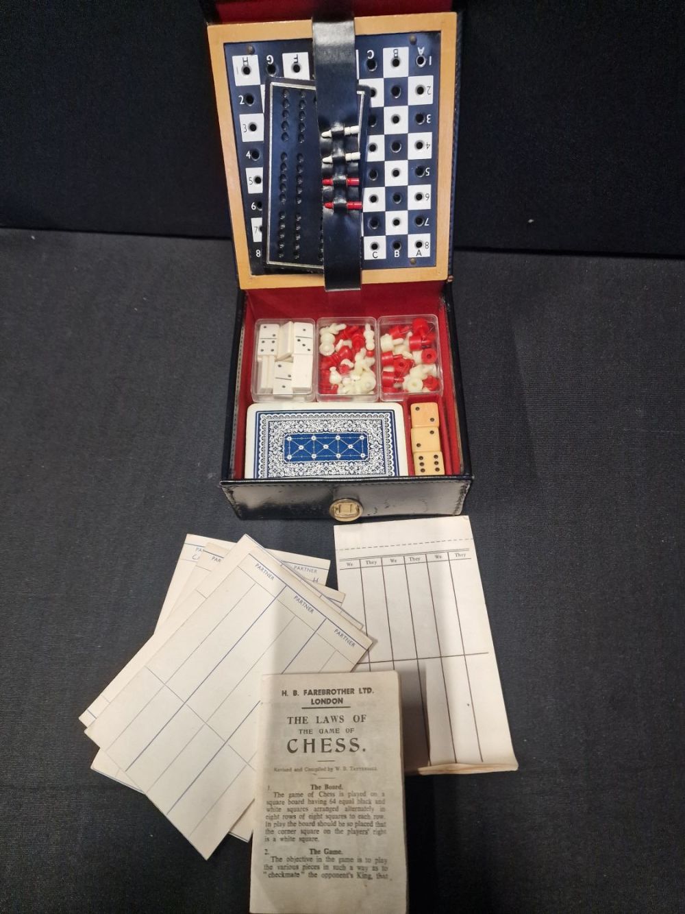 Lot 187: English Vintage Travel Game Set Compendium Black Leather...