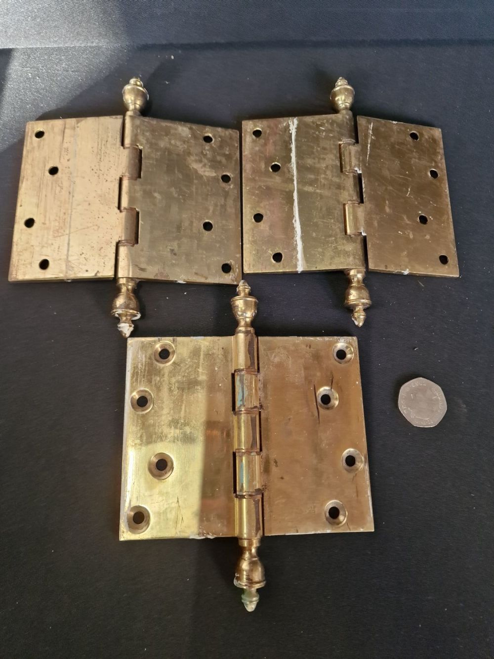 Lot 193: Three heavy duty Brass vintage hinges