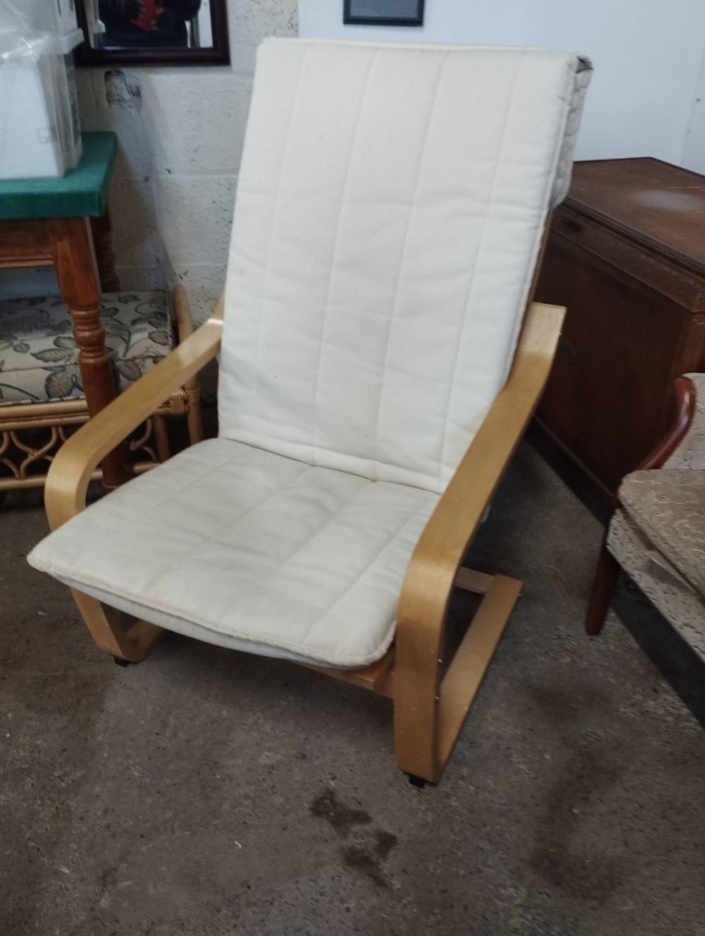 Lot 208: Ikea Oak Poang Chair with Cream Covers