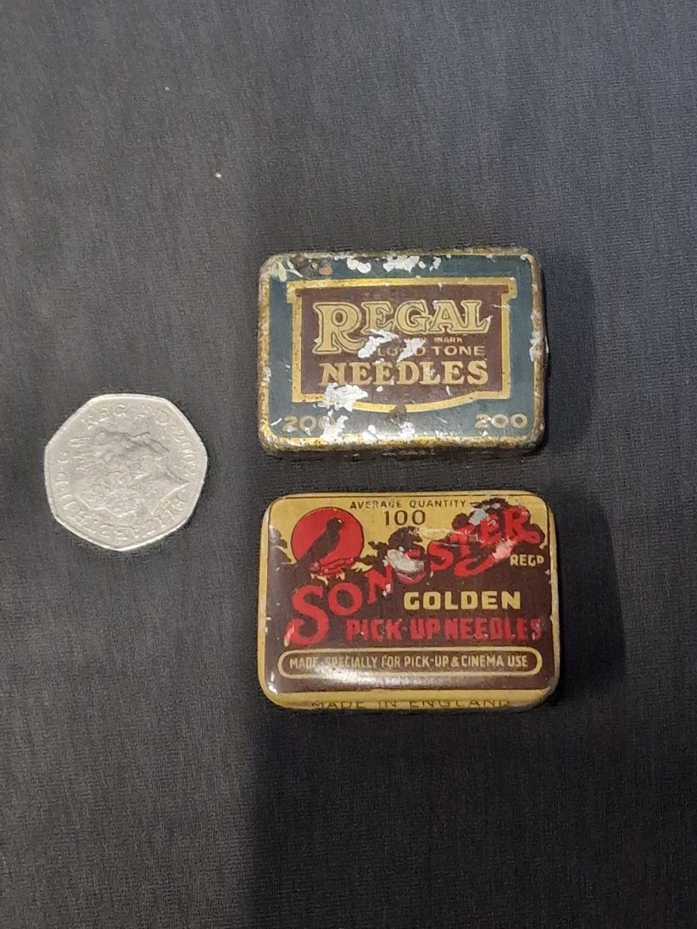 Lot 228: Two vintage tape tins of gramophone needles by...