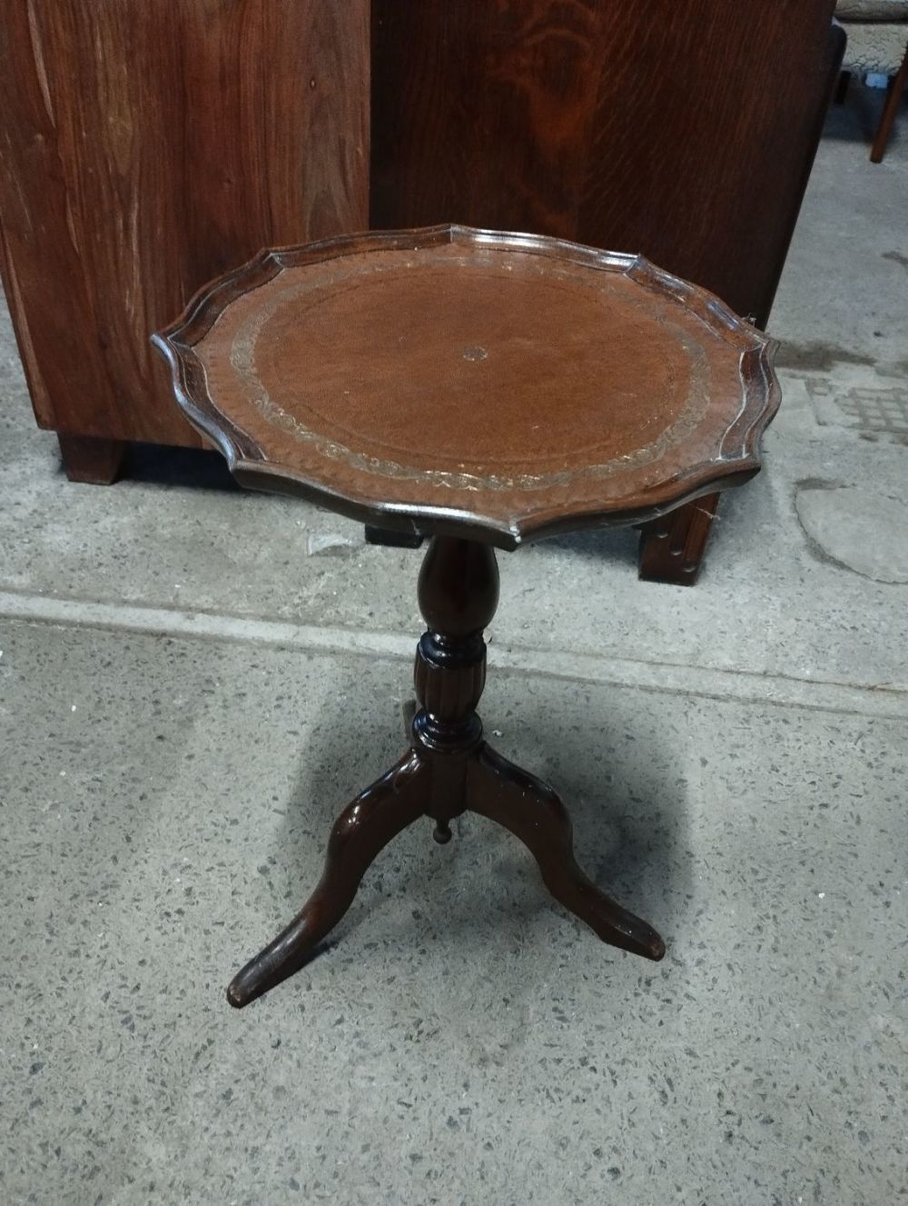 Lot 236: Vintage Mahogany Leather Top Tripod Occasional Table