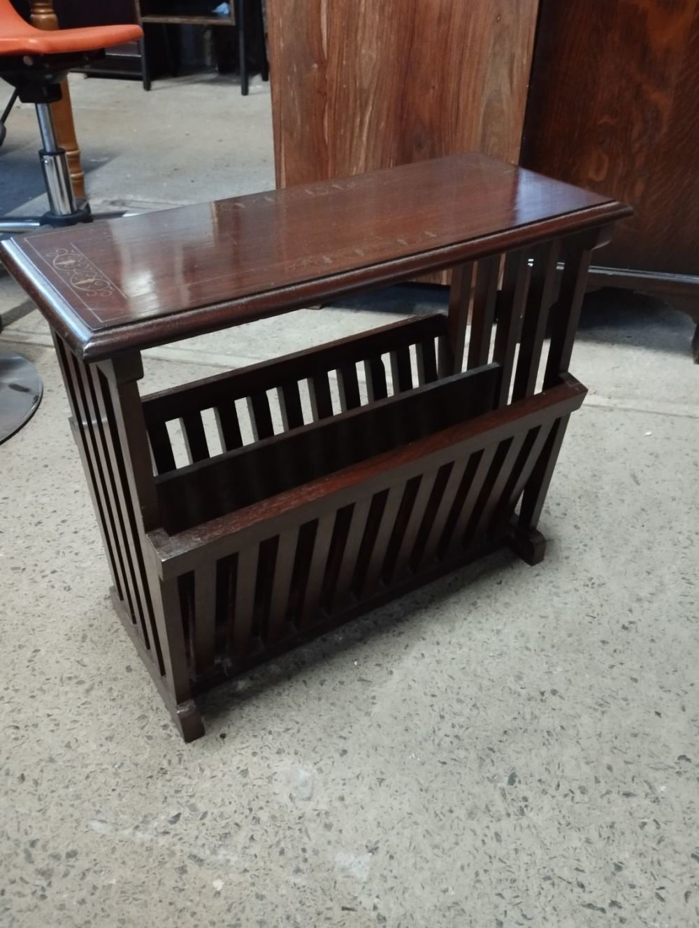 Lot 237: Vintage Brass Inlay Double Sided Mahogany Magazine Rack