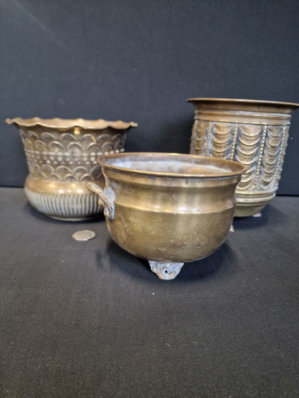Lot 261: Three vintage brass planters or Vases