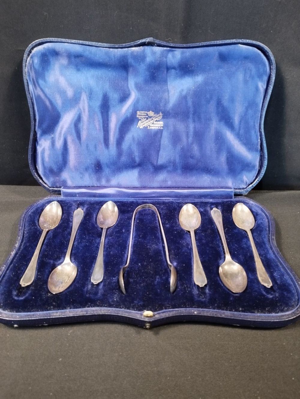 Lot 265: Vintage 7pc hallmarked Silver Teaspoon and Sugar Tongs...