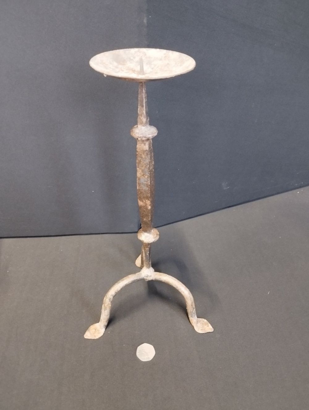 Lot 271: Vintage Iron Single Tripod Candlestick Holder. Approx 38cm...