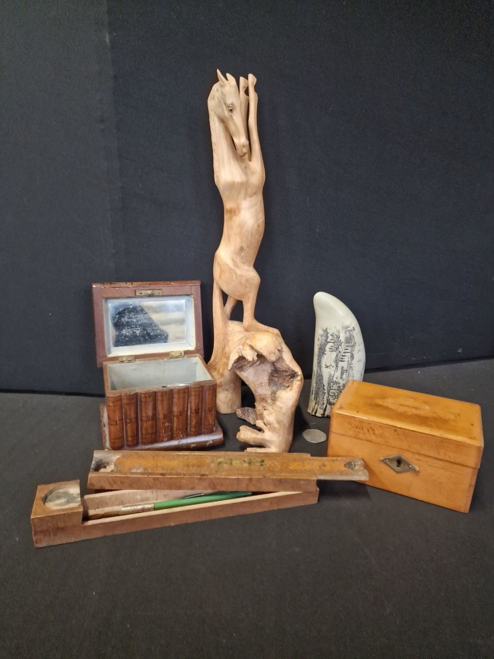 Lot 276: Two vintagebwooden boxes, Vintage wooden quill box, scrimshaw...