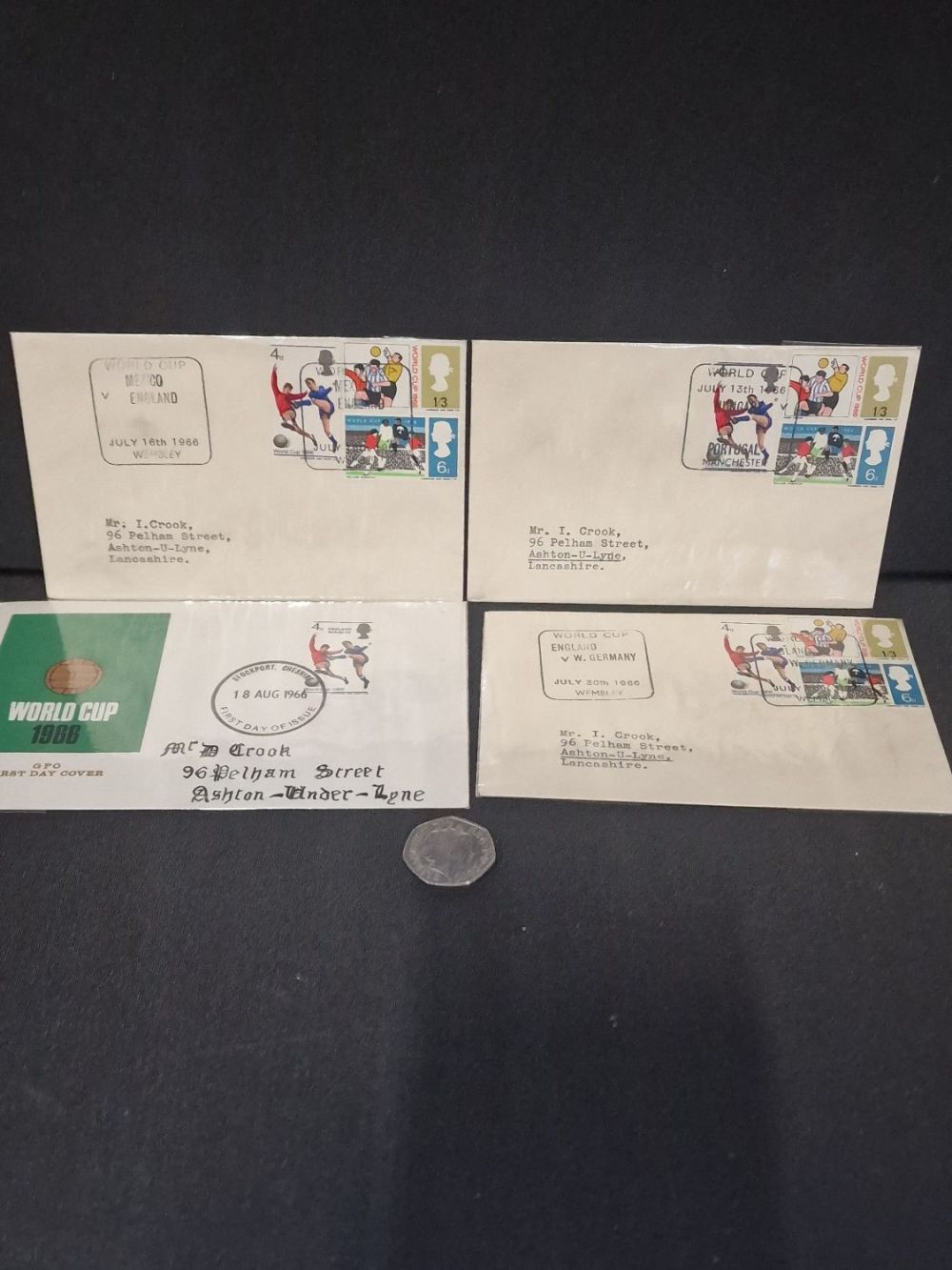 Lot 320: Four first day stamps for the world cup...