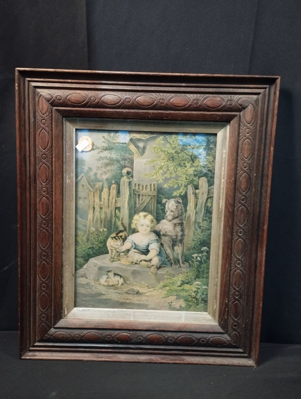 Lot 375: Vintage Framed Print. Girl with Dog and Cats....