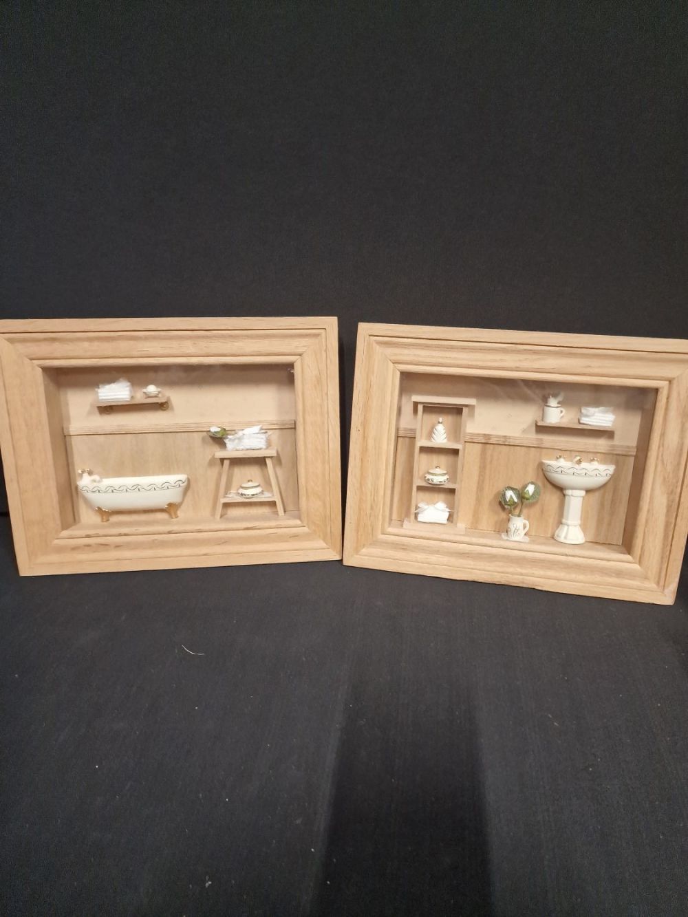 Lot 380: Two handmade bathroom pictures. Approximately 11x9 inches