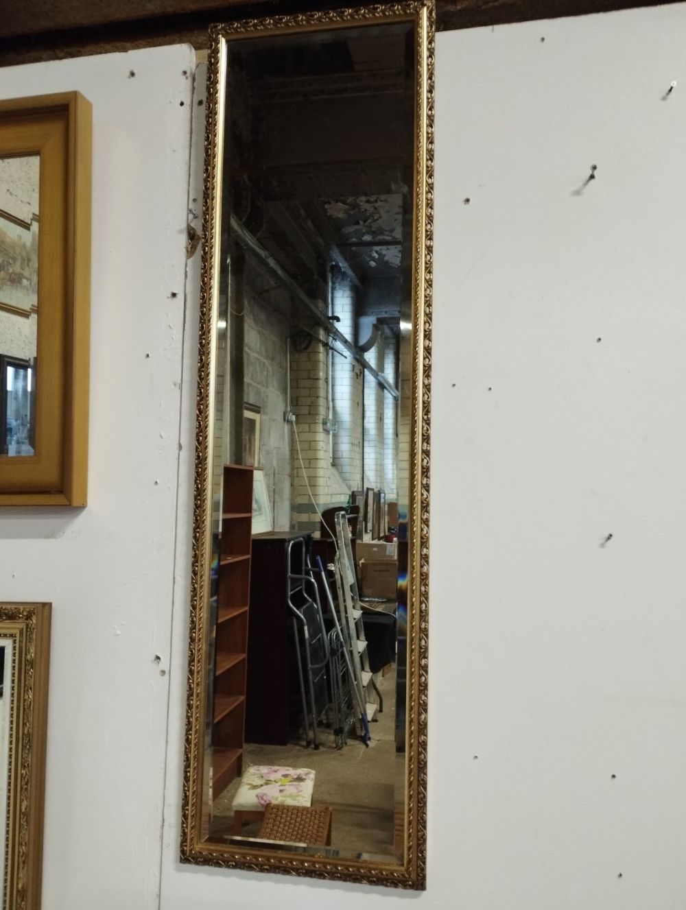 Lot 185: Tall Gold Ornate Framed Hanging Mirror. Approx. 127x36cm.