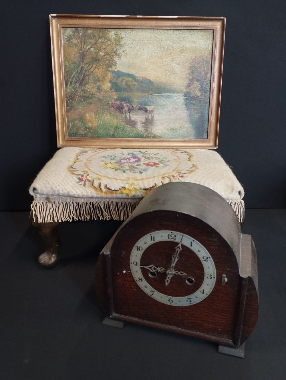 Lot 265: Vintage Oil Painting, Mantle Clock and Embroidery Footstool.