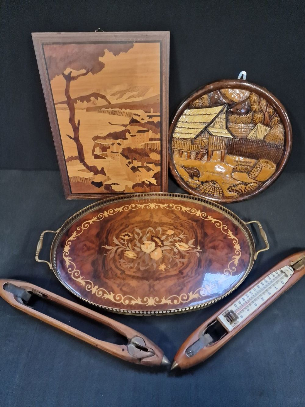 Lot 354: A selection of marquetry items includes tray, two...
