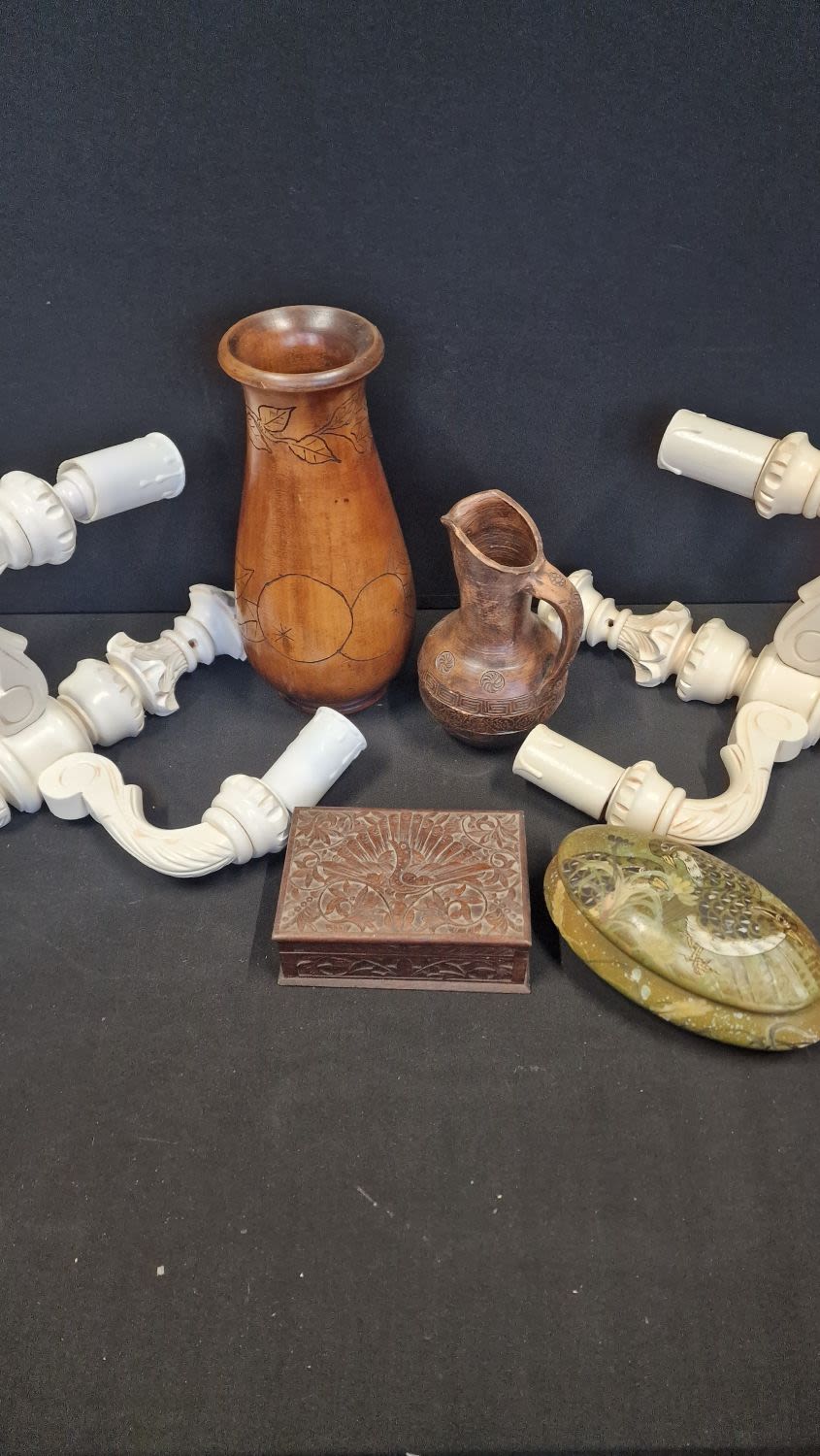 Lot 53: A pair of wooden shabby chic wall lights,...