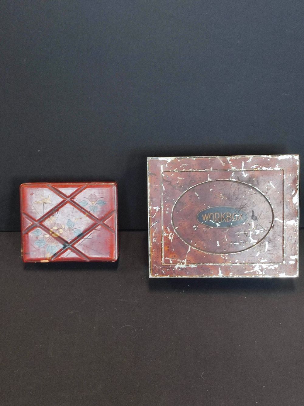 Lot 342: Metal workbox tin and vintage wooden box