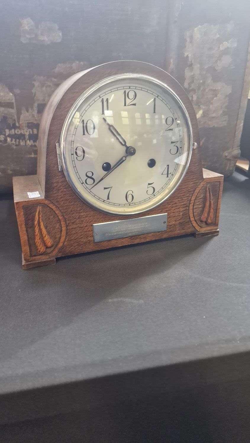 Lot 401: Vintage wooden mantle clock. Presented to JSP Peacock...