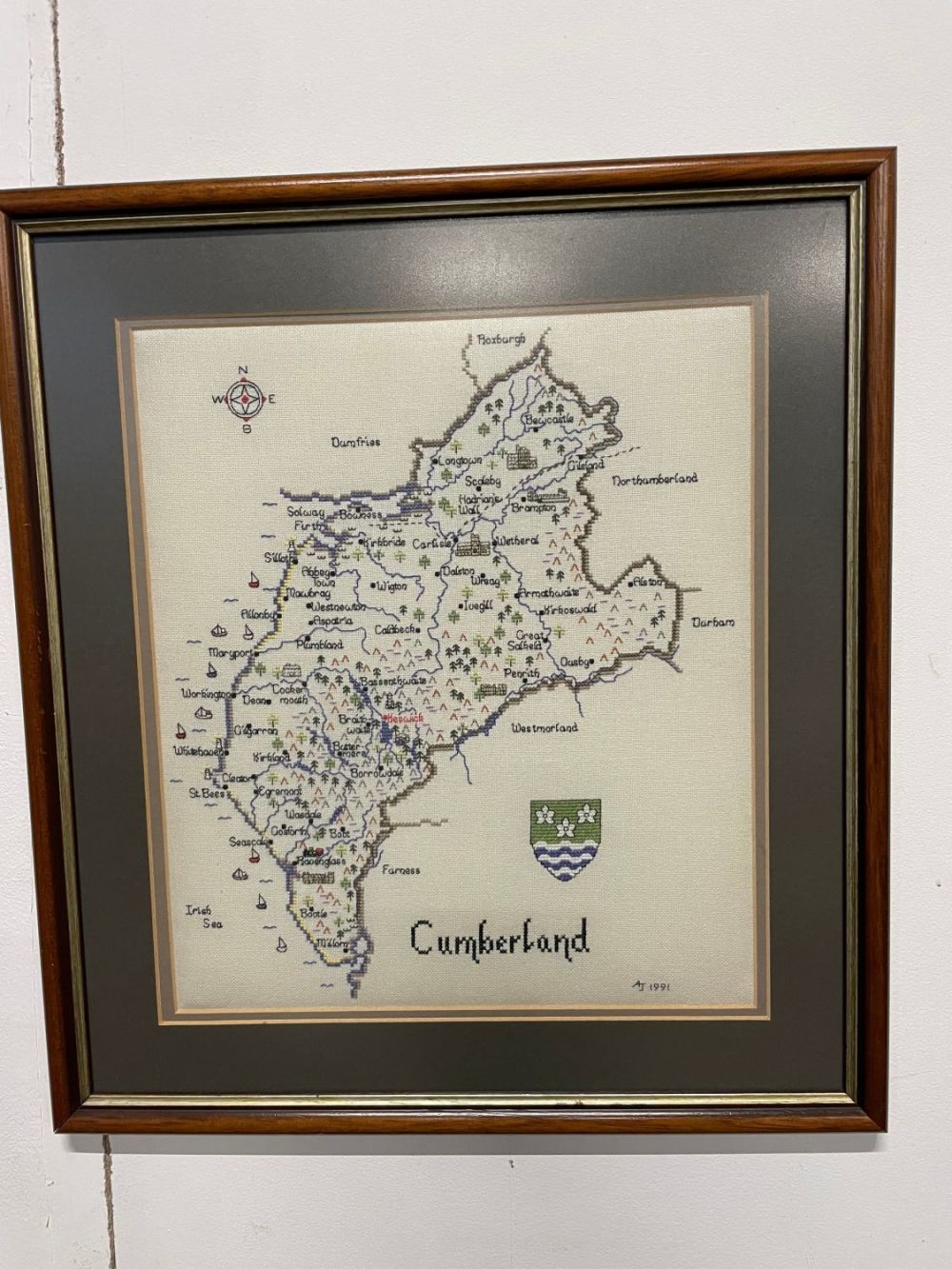 Lot 210: Framed Hand Embroidered Map Of Cumbria