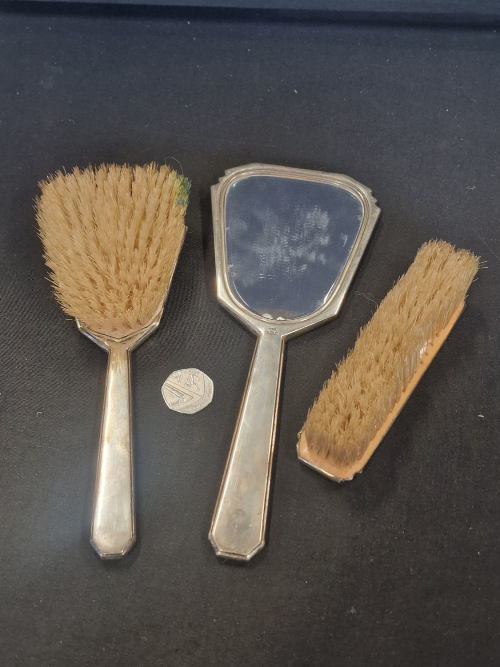 Lot 219: A sterling silver and enamel three piece vanity...