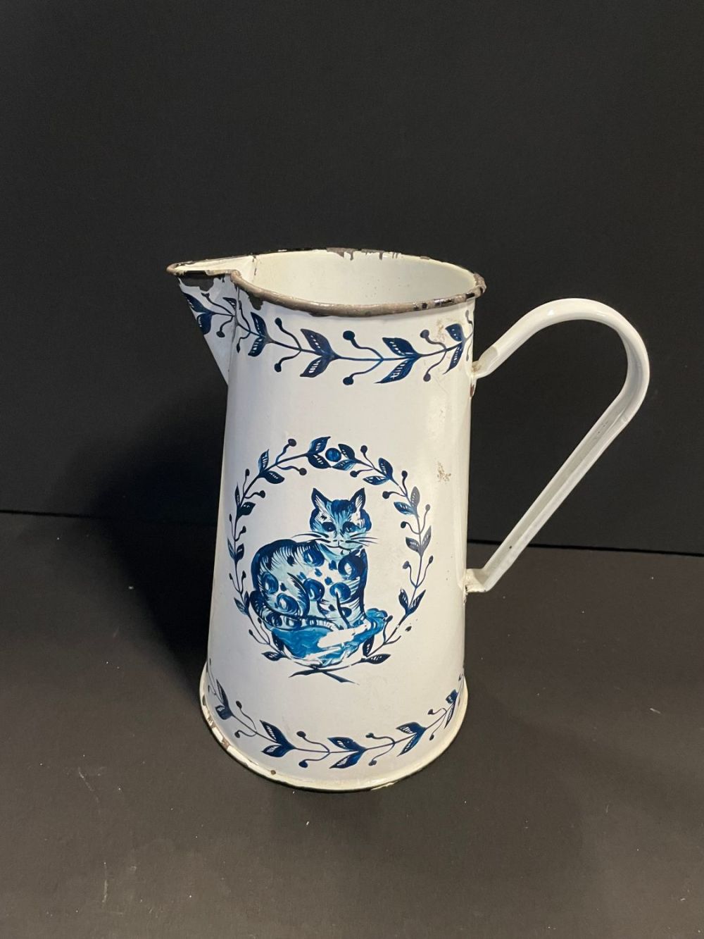 Lot 239: Large Vintage Enameled Jug With Cat Decoration