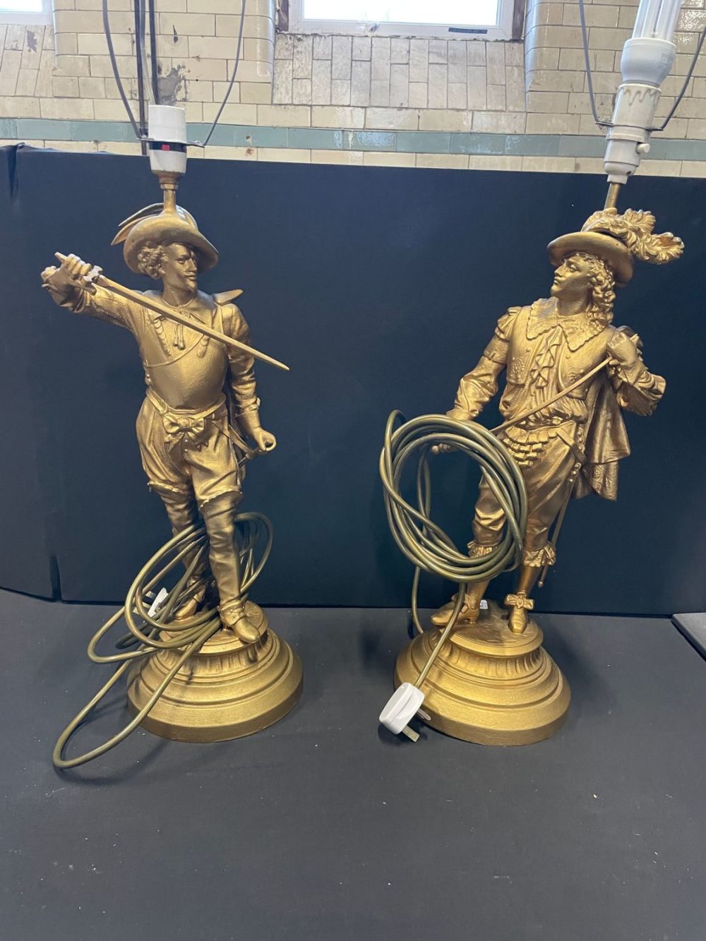 Lot 307: Pair of Large Vintage Cast Spelter Gilt Cavalier...