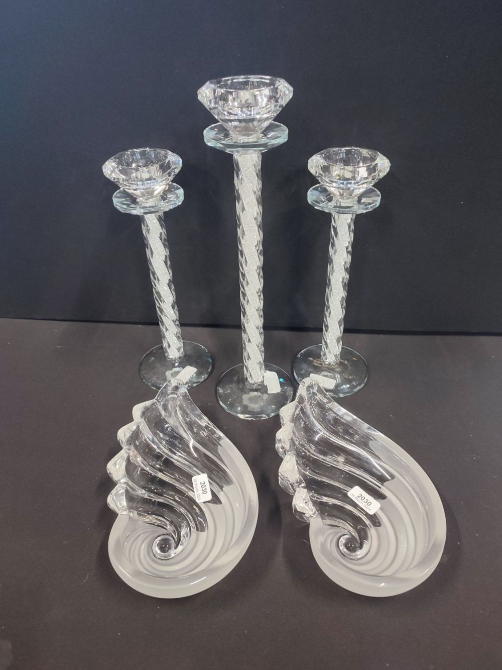 Lot 323: Trio Glass Candy Twist Crystal Candle Sticks and...
