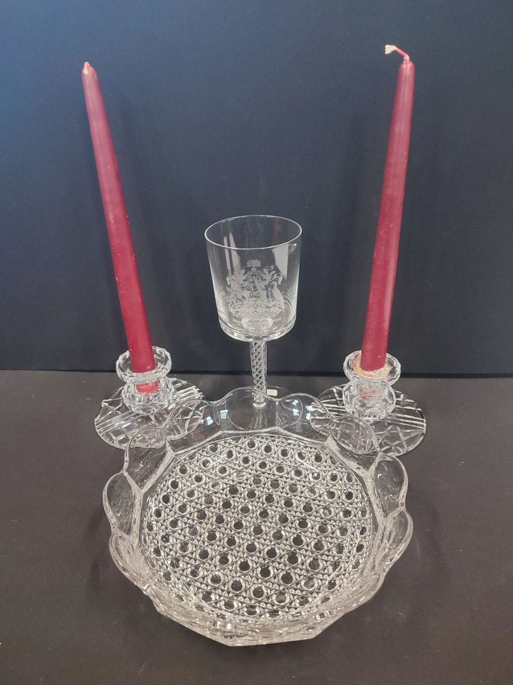 Lot 324: Hobnail Pattern Glass Bowl with Pair of Squat...