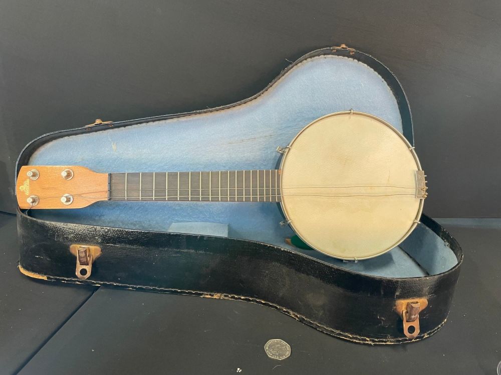Lot 334: Vintage English Made Banjo & Case