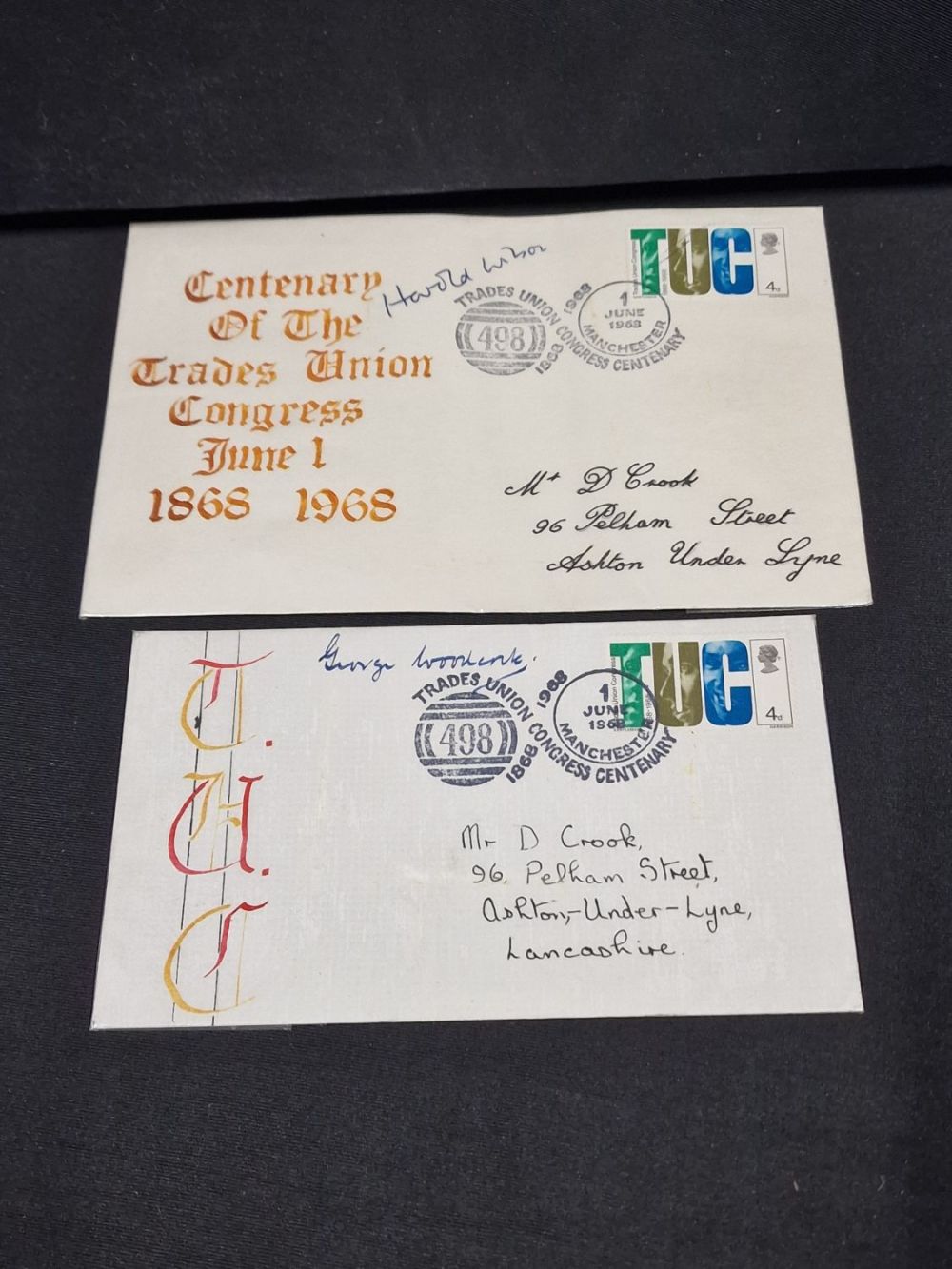 Lot 366: Two signed first fay day covers. 1968 Harold...