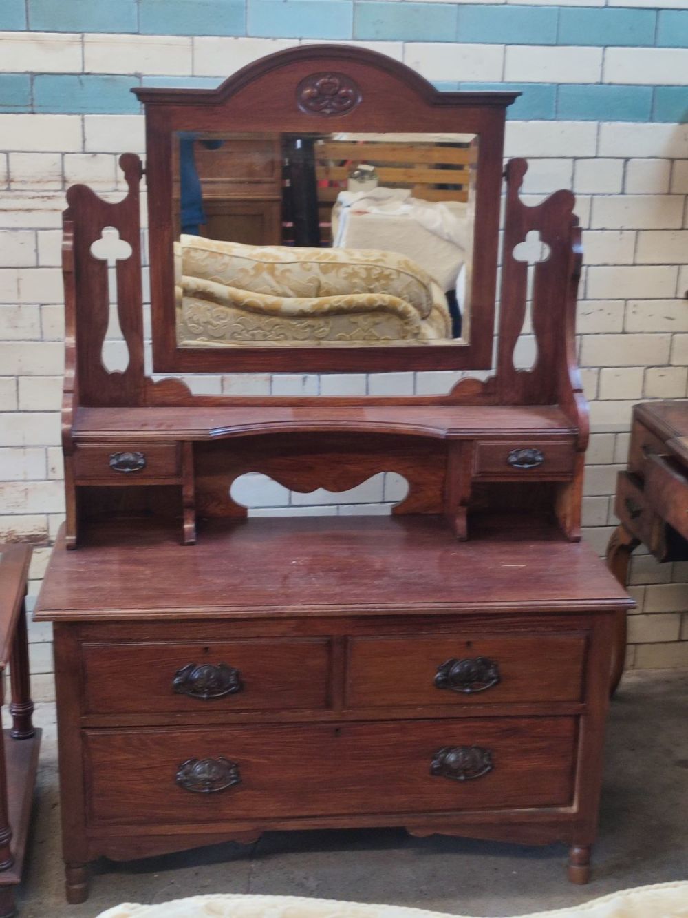 Lot 397: Antique 5 drawer dressing chest with tilting mirror