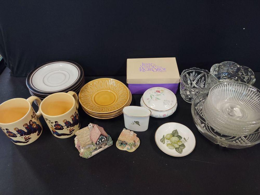 Lot 55: Collection of pottery and glassware including Staffordshire mugs,...