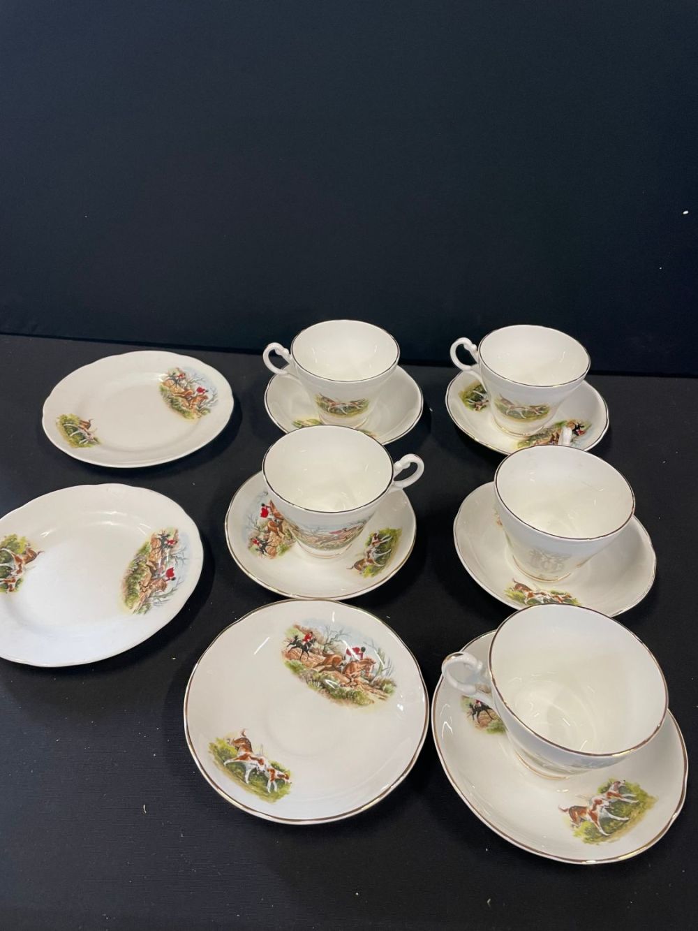 Lot 69: Royal Stewart Hunting Scene Teacups, Saucers & 2...