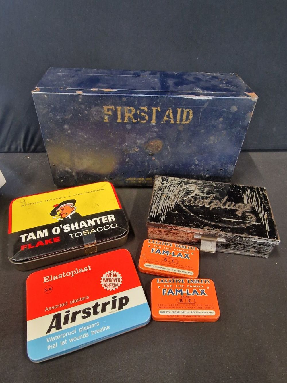 Lot 77: A. Collection of vintage tins. Includes Rawlplugs, Tam...