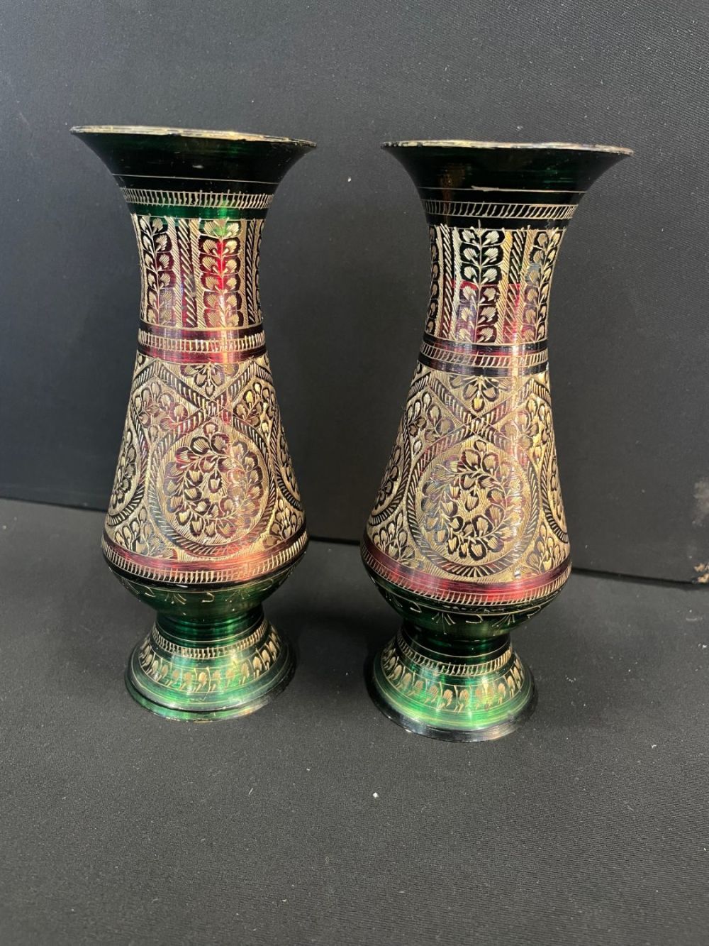 Lot 104: 2 Highly Decorated Metal Vases