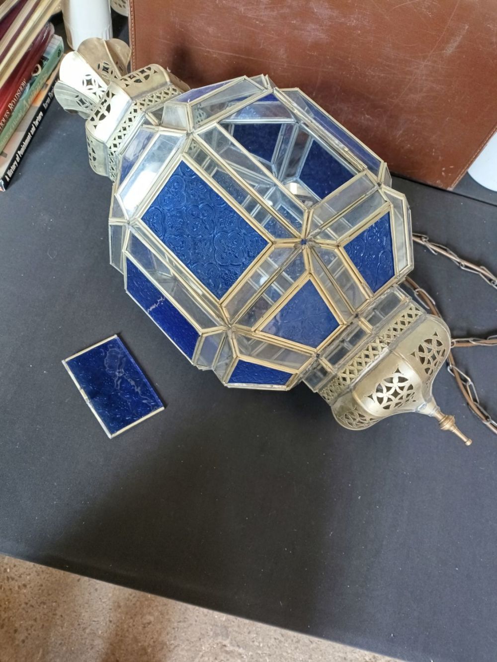 Lot 378: Large Hanging Blue and Clear Glass Lantern Light...