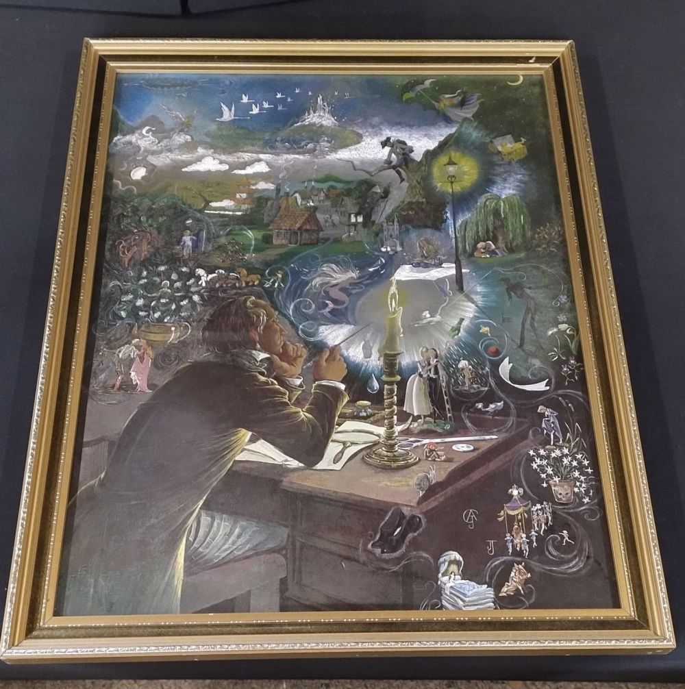Lot 179: Framed Foil fantasy picture of a writer with...