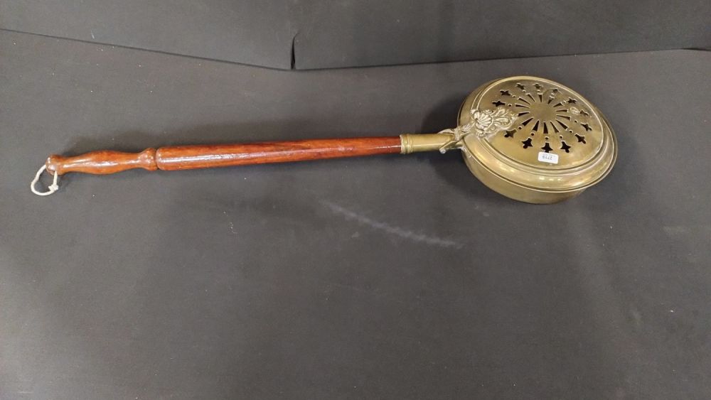 Lot 180: Vintage brass long handled Chestnut Roaster measures 32...