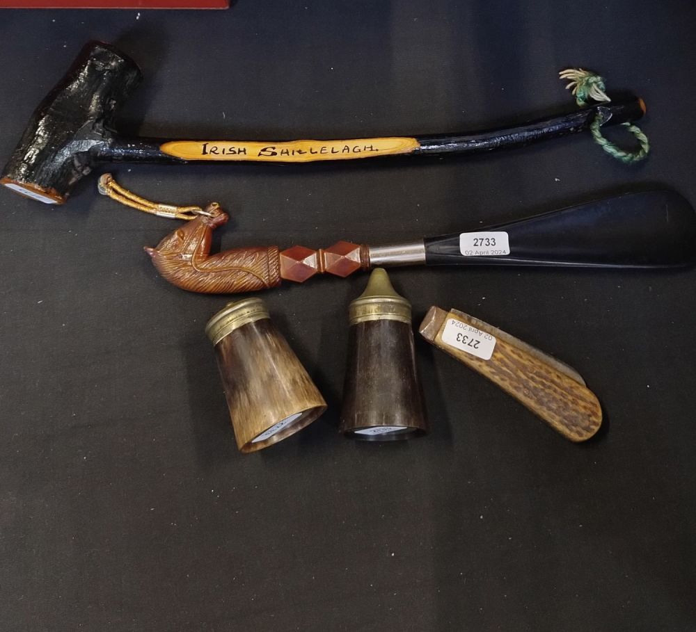 Lot 215: Vintage items including Irish Shillelagh, Horse head shoe...