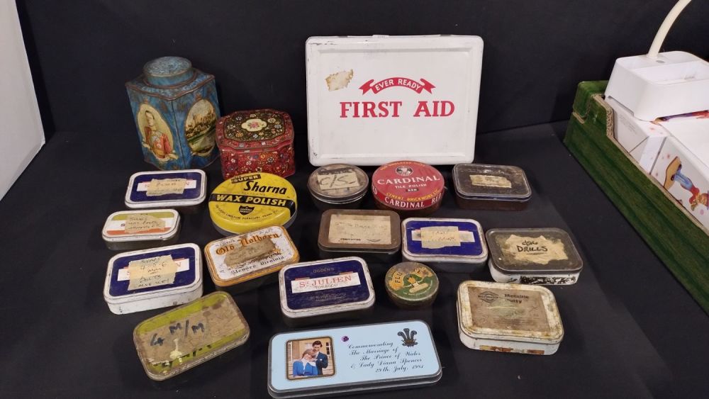Lot 283: Collection of vintage tins, first aid, tea tins,...