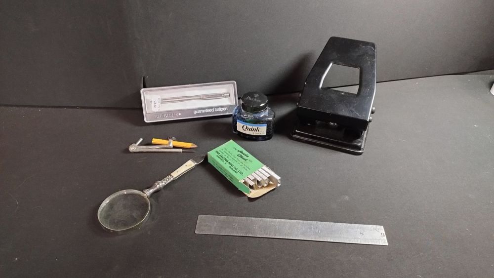Lot 300: Small selection of vintage items, file holder punch,metal...