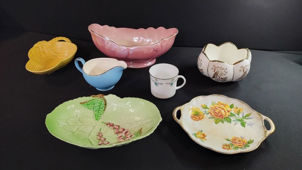 Lot 320: Various vintage dishes, milk jug,cup double handled plate....