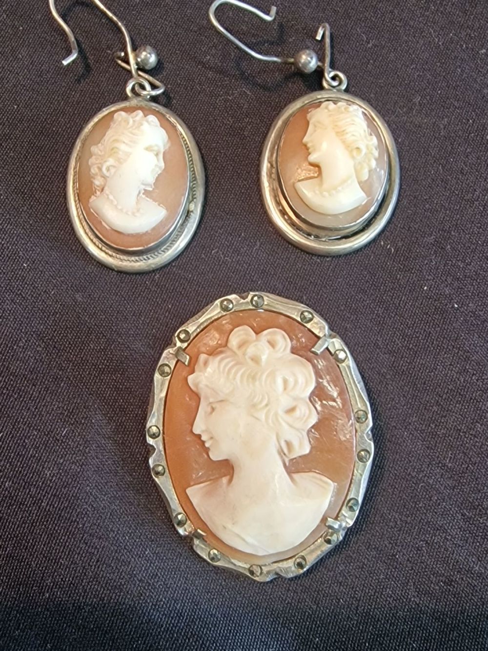 Lot 332: Cameo broach and earrings set In marked continental...