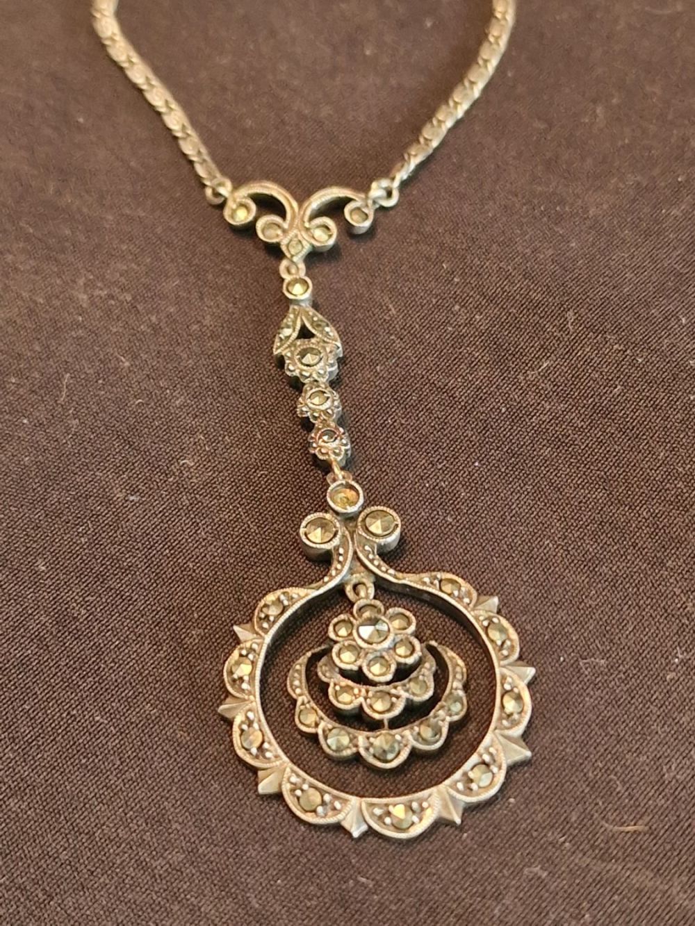 Lot 338: Beautiful continental 935 marked marcasite necklace with drop...